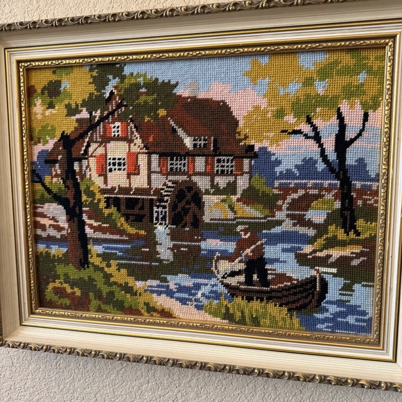 Framed Needlepoint Art Scenic Landscape River Man with Boat Waterwheel Handmade - Picture 4 of 7